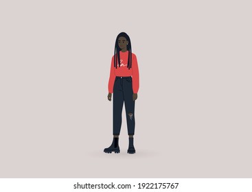 A young female Black character wearing heavy black boots and a red long sleeve shirt, modern casual lifestyle