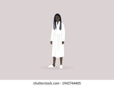 A young female Black character wearing a white hotel bathrobe and slippers, a luxury lifestyle concept, wellbeing and body care