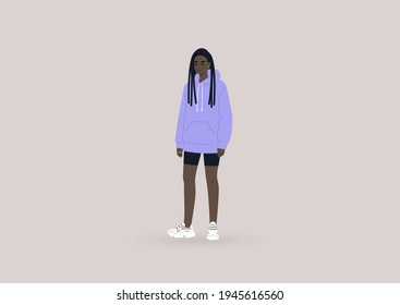 A young female Black character wearing a hoodie and black cycling shorts, a streetwear concept