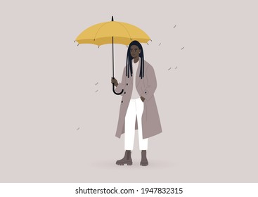 A young female Black character wearing an oversize coat and holding a yellow umbrella, a rainy weather concept