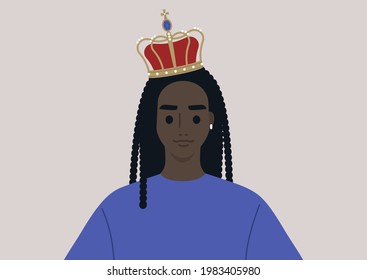 A Young Female Black Character Wearing A Vintage Golden Crown With Pearls And Velvet, A Royal Family Theme