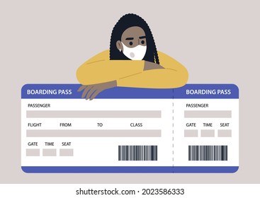 A young female Black character wearing a face mask and leaning on a boarding pass image, coronavirus travel restrictions concept