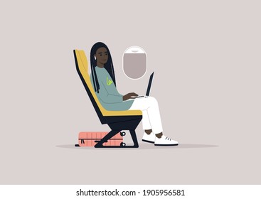 Young female Black character working on their laptop during the flight, modern millennial lifestyle and remote work