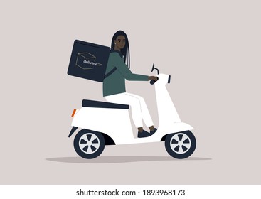 Young female Black courier driving a scooter, food delivery concept