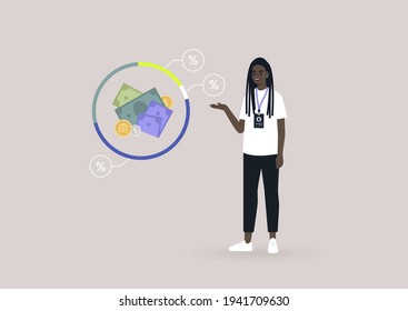 A young female Black financial consultant pointing at the investment program infographics, an online professional advice service