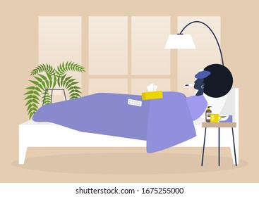 Young female black sick character resting in bed, bedroom interior, quarantine, medical treatment