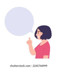Young female with blank speech bubble isolated on white background. Speaking character. Template for message, announcement, presentation, business. Flat vector illustration.