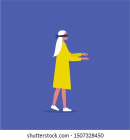 Young female blindfolded character walking in the dark. Side view. Business risks. Lack of information. Flat editable vector illustration, clip art