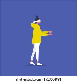 Young female blindfolded character walking in the dark. Side view. Business risks. Lack of information. Flat editable vector illustration, clip art