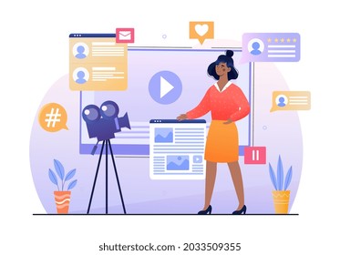 Young female blogger create internet content. Creative famous influencer shooting vlogging occupation. Flat abstract metaphor vector cartoon illustration concept isolated on white background