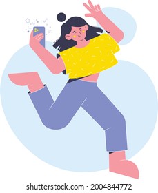 Young female blogger dancing and filming herself on phone camera. Flat style modern outlined vector illustration.
