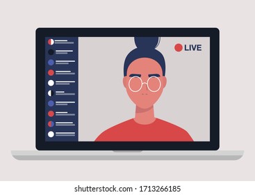 Young Female Blogger Holding A Live Streaming Online Event, Website Interface