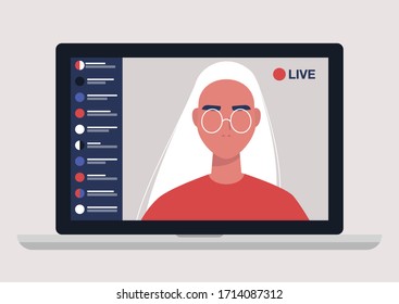 Young female blogger holding a live streaming online event, website interface