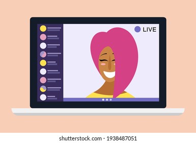 Young female blogger holding a live streaming online event, website interface. Vector illustration on white isolated background.