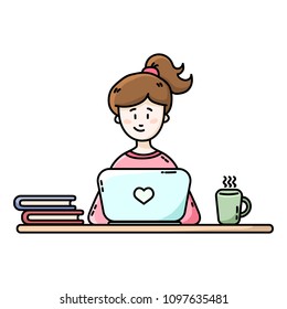 Young female blogger sitting in front of the laptop. Blogger podcaster streaming. Woman writing material to blog, reviewing content, posting. Vector flat style cartoon illustration
