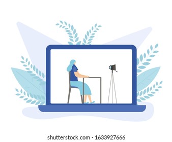 Young female blogger sitting and recording a video on laptop screen. Influencer calm girl making content for her followers against camera. KOL lifestyle. Vector flat illustration.