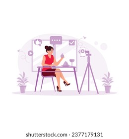  Young female blogger using a mobile phone to record fruit and healthy food. Blogger concept. trend modern vector flat illustration
