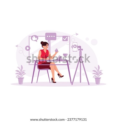  Young female blogger using a mobile phone to record fruit and healthy food. Blogger concept. trend modern vector flat illustration