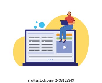 A young female blogger writer is sitting with a large laptop website screen. Character design. Vector flat illustration