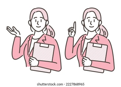 A young female business person in a suit who guides and introduces with a smile (vector illustration material)