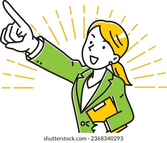 Young female businessman holding a file and pointing upwards