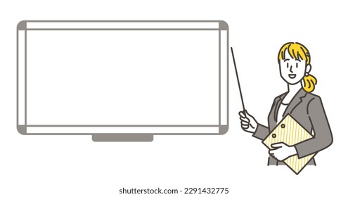 Young female businessperson smiling and explaining next to a whiteboard [Vector illustration].