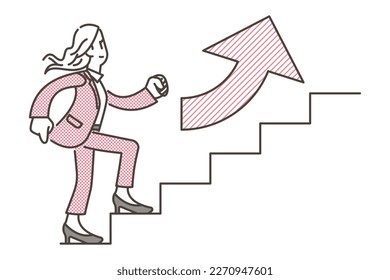 Young female businessperson walking up the stairs with a smile [Vector illustration].
