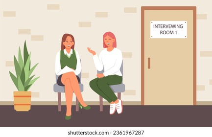 Young female candidates waiting for interview and talking, discuss work duties. Interviewing concept. Job search, interviewing. Flat vector illustration in green colors