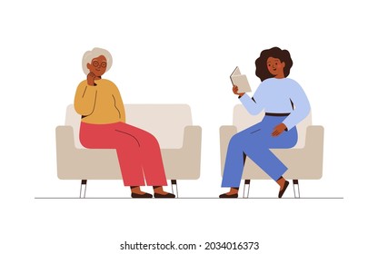 Young female caregiver is reading book for senior woman. Volunteer is taking care of elderly people. Vector illustration