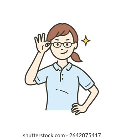 A young female caregiver who raises her glasses and smiles confidently
