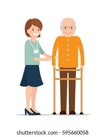 Young female caretaker helping senior man to use walking frame. Social workers concept. Vector flat  illustration