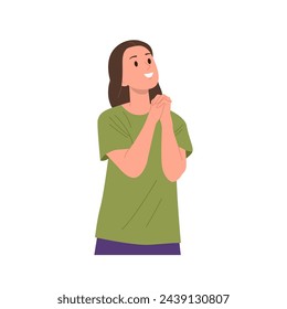 Young female cartoon character with folded hands asking god for help, forgiveness isolated on white