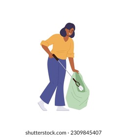 Young female cartoon character volunteer cleaning nature from garbage picking paper trash into sack