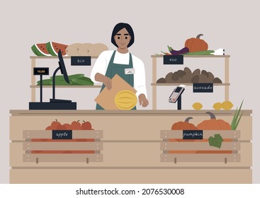 A young female Caucasian cashier at the farmers market, fruits and vegetables in wooden crates