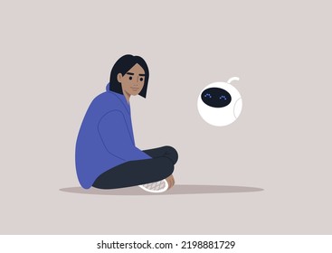 A Young Female Caucasian Character Chatting With A Chat Bot, New Technologies And Modern Lifestyle