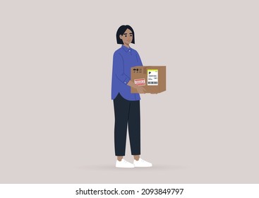 A young female Caucasian character holding a cardboard box with stickers and labels on it, a courier service, post box delivery