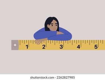 A young female Caucasian character leaning on a tape ruler, construction industry, precise measurements