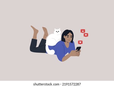 A young female Caucasian character lying on their stomach and checking their mobile phone notifications, a cat sitting on their back