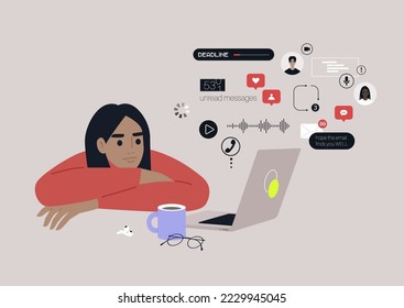 A young female Caucasian character ovewhelmed with online notifications, messages, calls, emails, social media reactions, and other digital activities