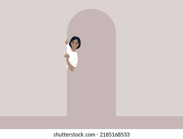 A young female Caucasian character peeking out of door, a hallway view