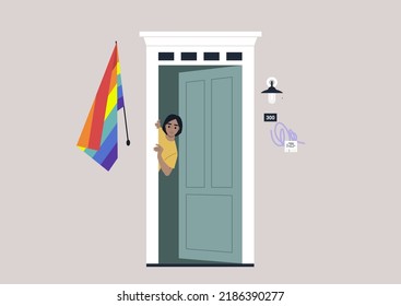 A young female Caucasian character peeking out of the entrance door with a rainbow flag on the wall, a safe space for the LGBTQ community, coming out