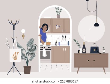 A young female Caucasian character peeking out of doorway, a kitchen seen from the hall