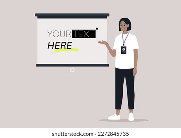 A young female Caucasian character pointing at a video projector screen, copy space, your text here