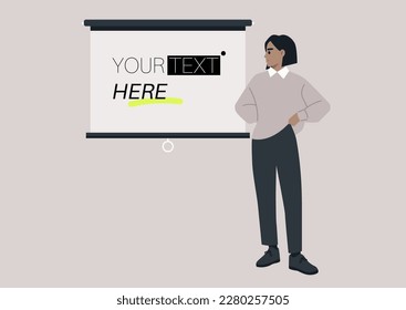 A young female Caucasian character pointing at a video projector screen, copy space, your text here