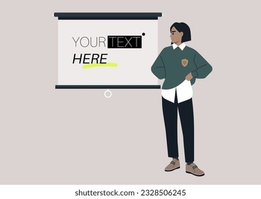 A young female Caucasian character pointing at a video projector screen, copy space, your text here