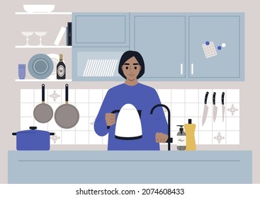 A young female Caucasian character pouring water into the kettle, daily routine, a kitchen scene