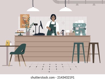 A Young Female Caucasian Character Serving Coffee At The Coffeeshop Counter, Morning Rituals And Modern Lifestyle