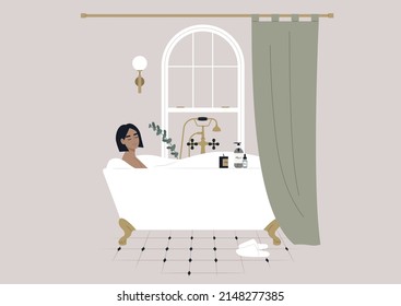 A young female Caucasian character taking a relaxing bath with soap foam, a claw foot vintage tub behind the curtain