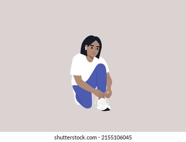 A young female Caucasian character tying their shoes, a daily routine ritual