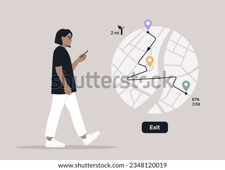 A young female Caucasian character using a gps map application to navigate in town